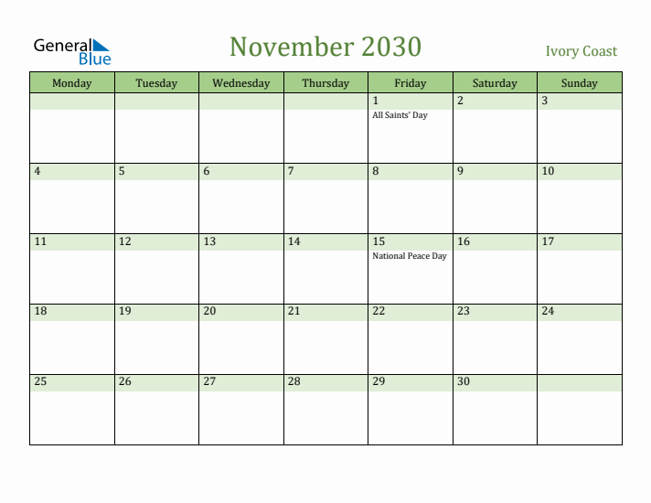 November 2030 Calendar with Ivory Coast Holidays