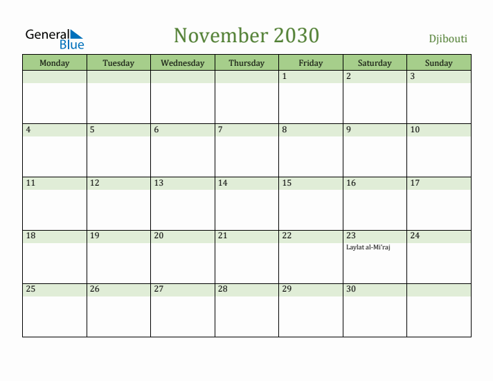 November 2030 Calendar with Djibouti Holidays