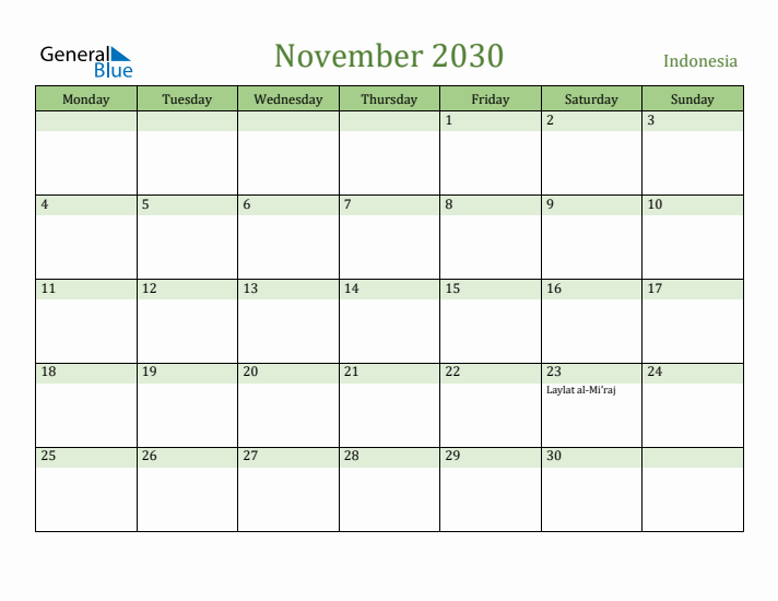 November 2030 Calendar with Indonesia Holidays