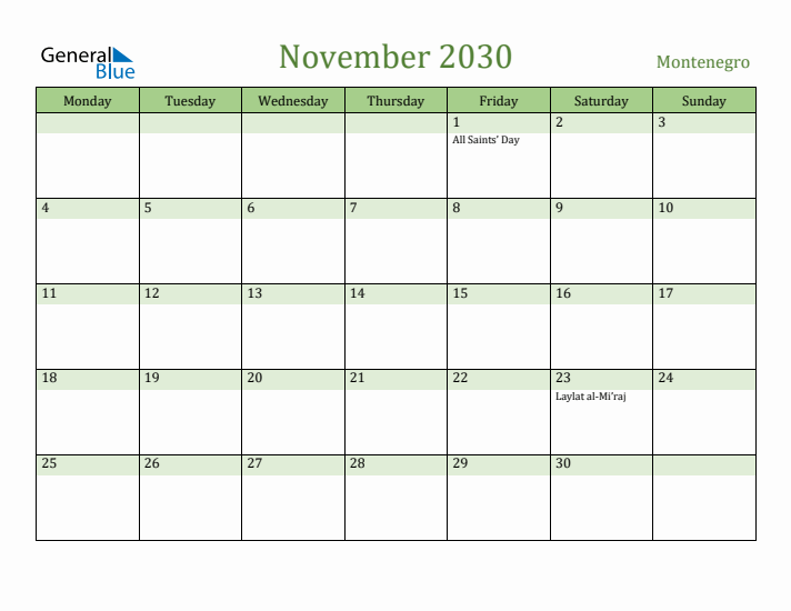 November 2030 Calendar with Montenegro Holidays