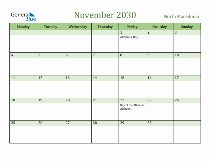 November 2030 Calendar with North Macedonia Holidays