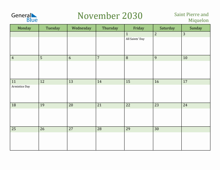 November 2030 Calendar with Saint Pierre and Miquelon Holidays