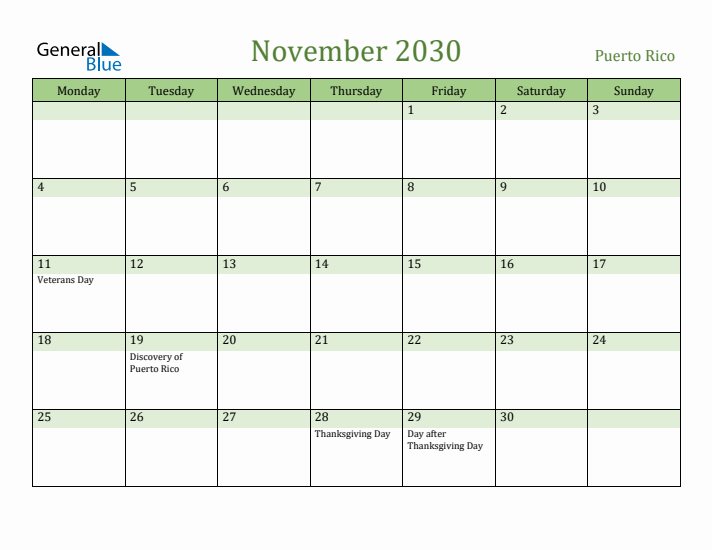 November 2030 Calendar with Puerto Rico Holidays