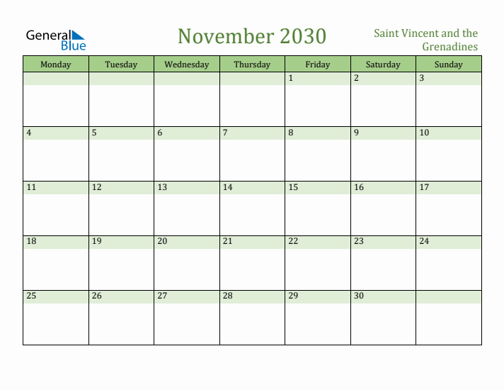 November 2030 Calendar with Saint Vincent and the Grenadines Holidays