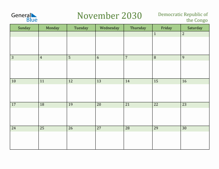 November 2030 Calendar with Democratic Republic of the Congo Holidays