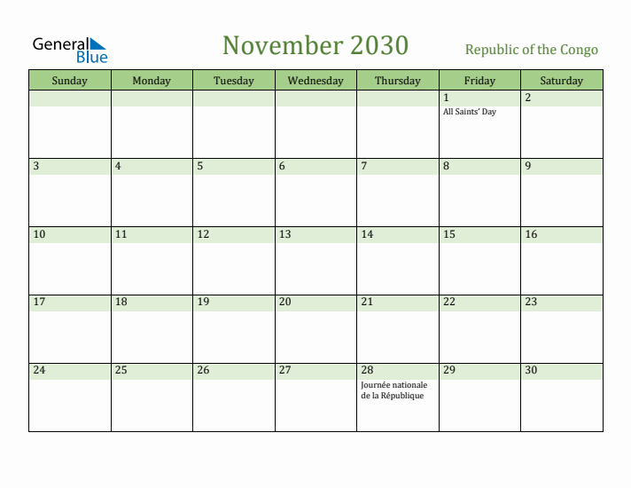 November 2030 Calendar with Republic of the Congo Holidays
