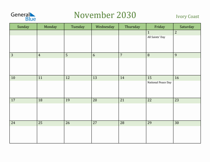 November 2030 Calendar with Ivory Coast Holidays