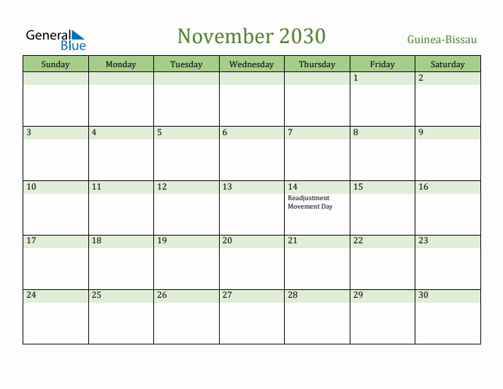November 2030 Calendar with Guinea-Bissau Holidays