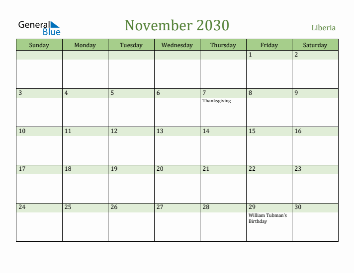 November 2030 Calendar with Liberia Holidays