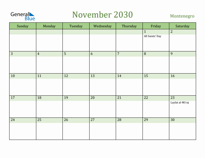 November 2030 Calendar with Montenegro Holidays
