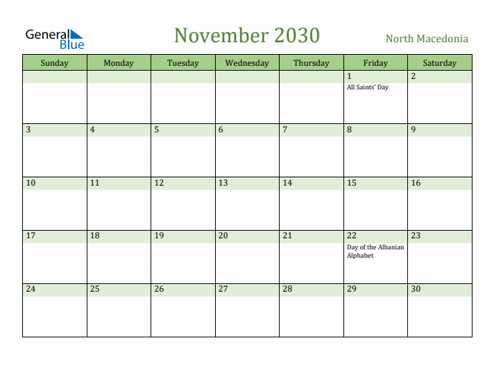 November 2030 Calendar with North Macedonia Holidays