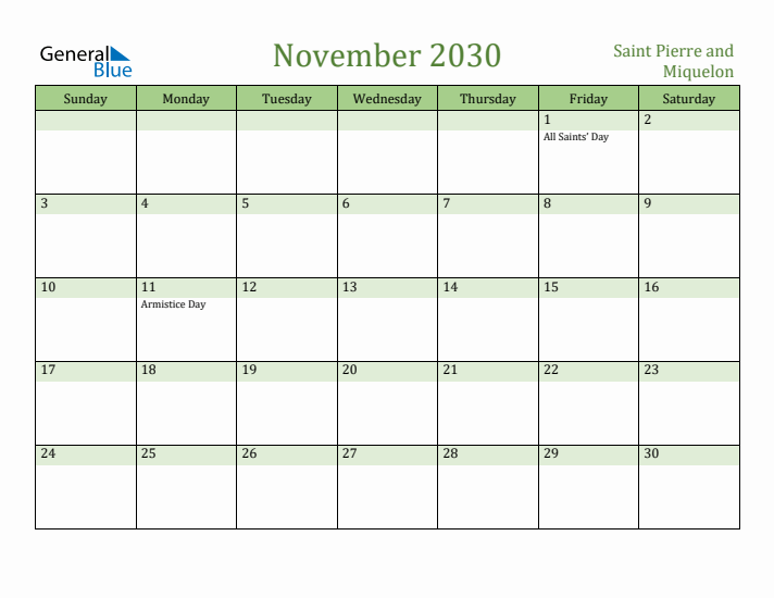 November 2030 Calendar with Saint Pierre and Miquelon Holidays