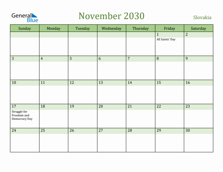 November 2030 Calendar with Slovakia Holidays