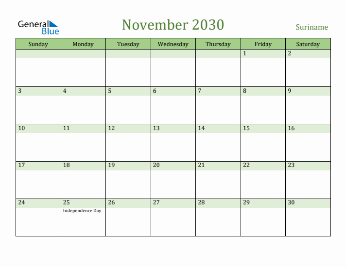 November 2030 Calendar with Suriname Holidays