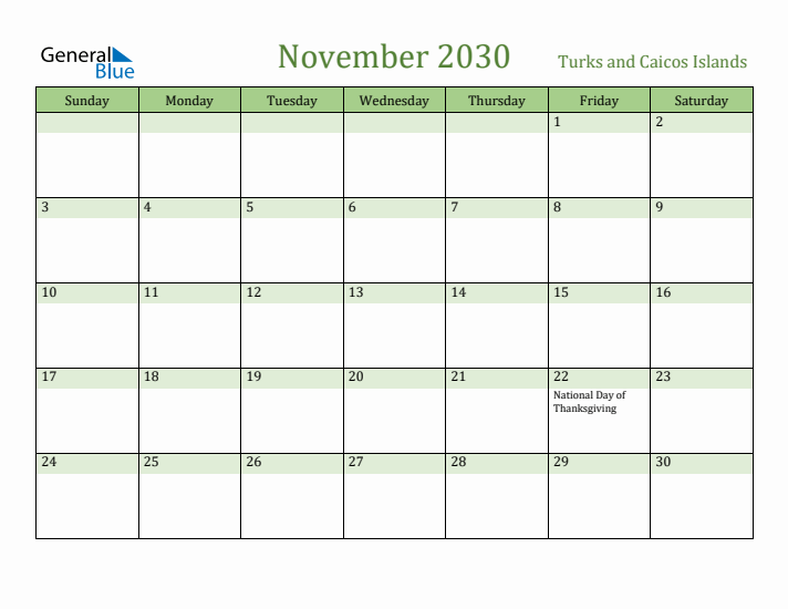 November 2030 Calendar with Turks and Caicos Islands Holidays