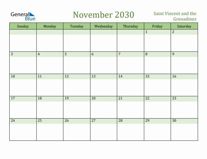 November 2030 Calendar with Saint Vincent and the Grenadines Holidays