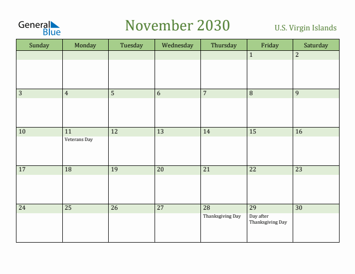 November 2030 Calendar with U.S. Virgin Islands Holidays