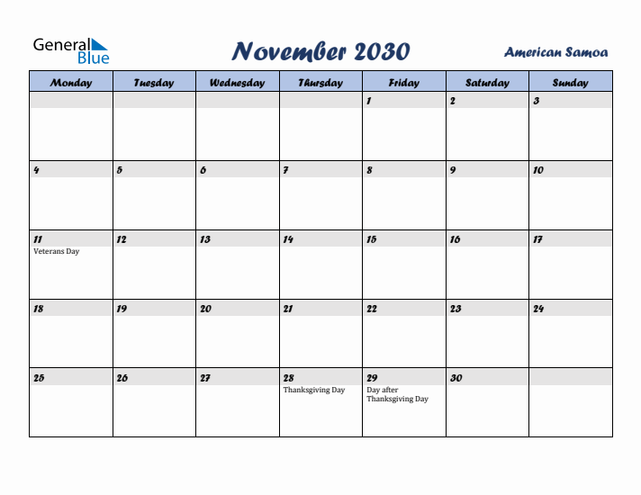 November 2030 Calendar with Holidays in American Samoa