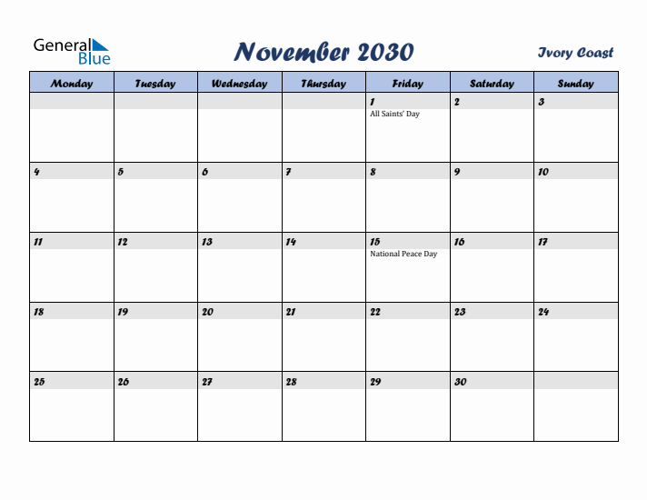 November 2030 Calendar with Holidays in Ivory Coast