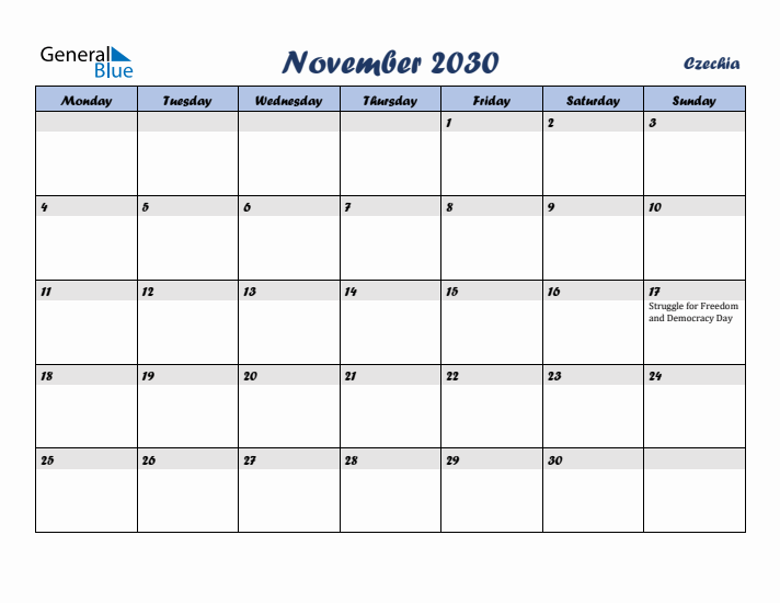 November 2030 Calendar with Holidays in Czechia