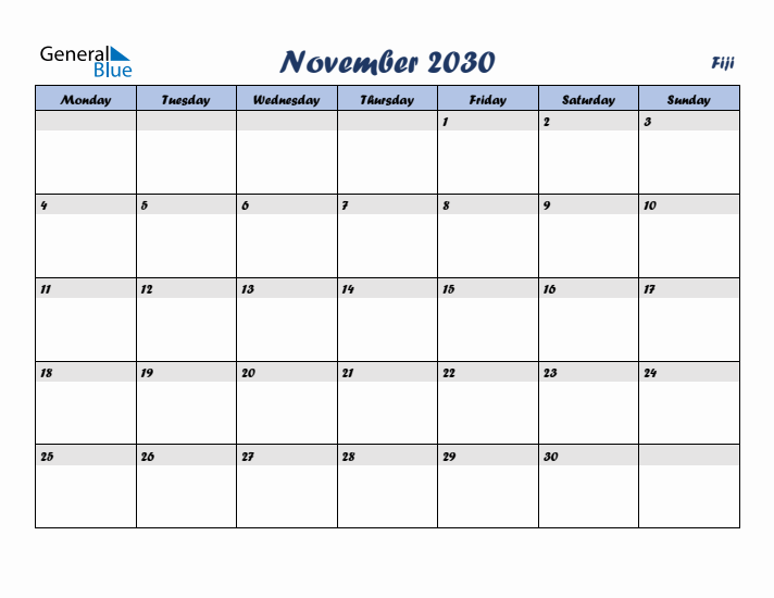 November 2030 Calendar with Holidays in Fiji