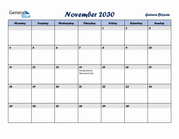 November 2030 Calendar with Holidays in Guinea-Bissau