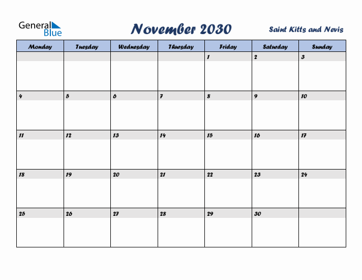 November 2030 Calendar with Holidays in Saint Kitts and Nevis