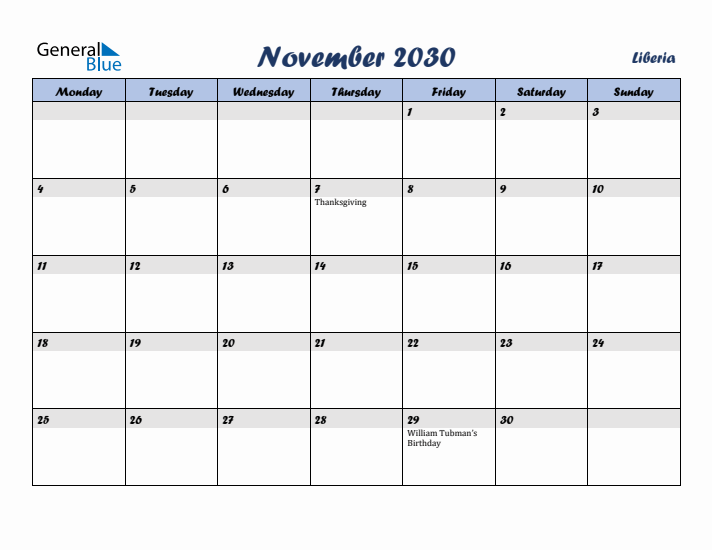 November 2030 Calendar with Holidays in Liberia