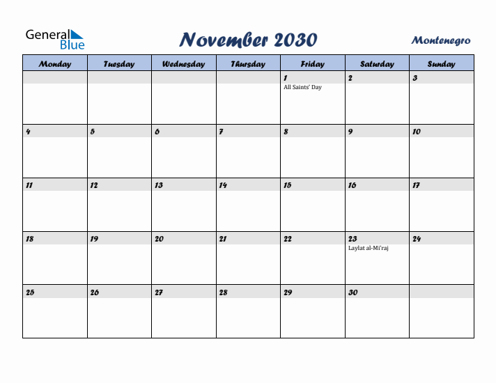 November 2030 Calendar with Holidays in Montenegro