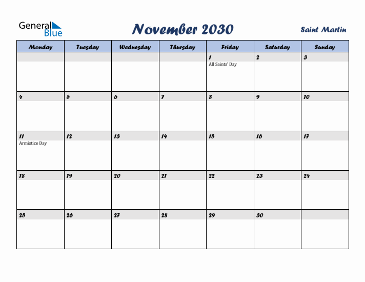 November 2030 Calendar with Holidays in Saint Martin