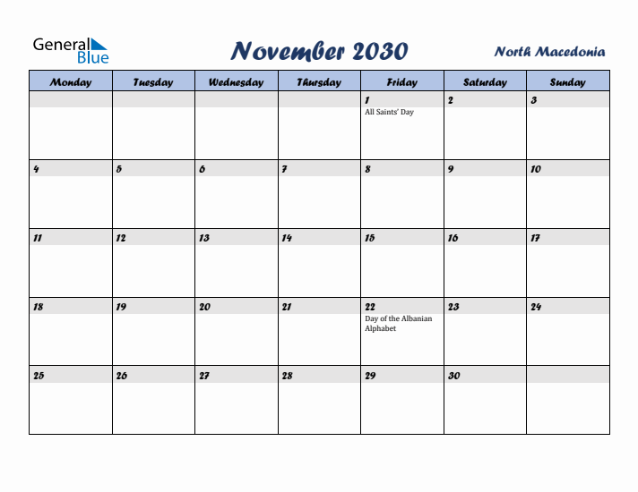 November 2030 Calendar with Holidays in North Macedonia