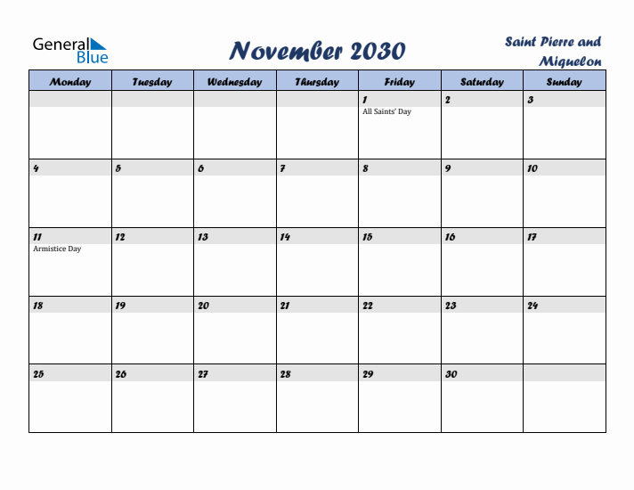 November 2030 Calendar with Holidays in Saint Pierre and Miquelon