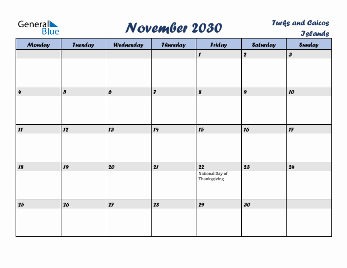 November 2030 Calendar with Holidays in Turks and Caicos Islands