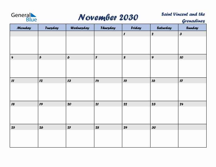 November 2030 Calendar with Holidays in Saint Vincent and the Grenadines
