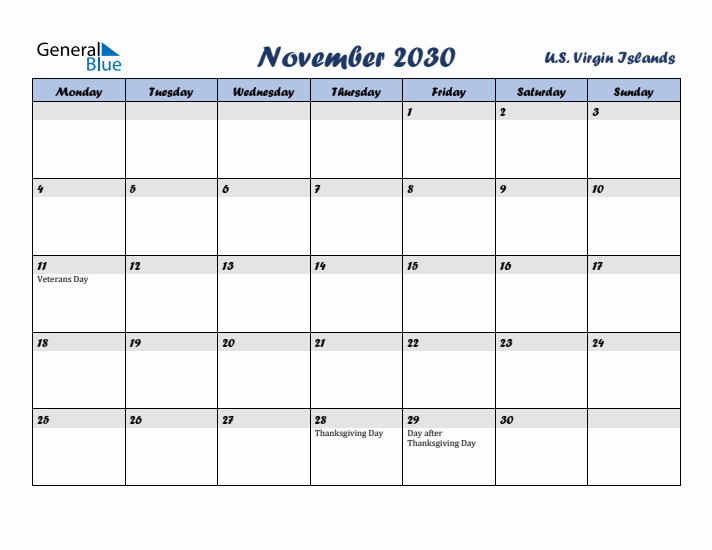 November 2030 Calendar with Holidays in U.S. Virgin Islands