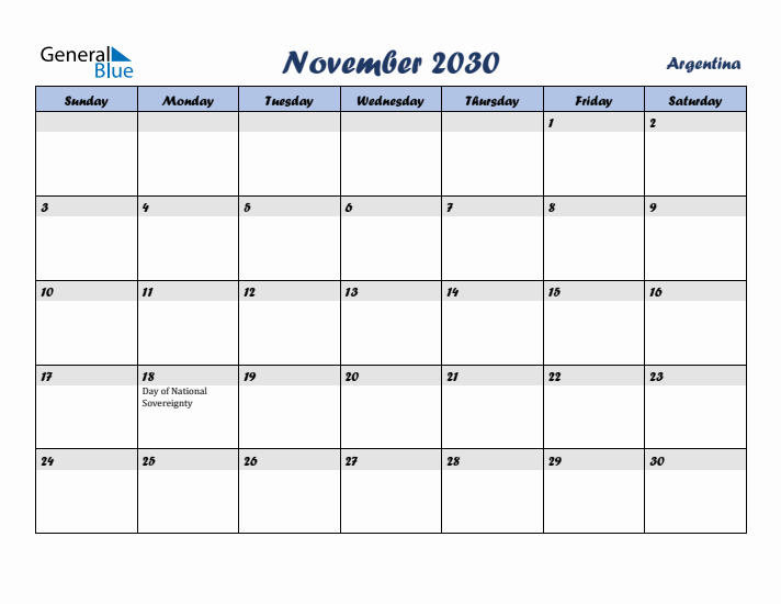 November 2030 Calendar with Holidays in Argentina