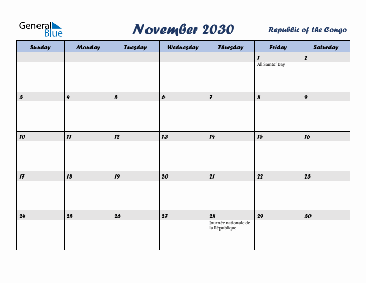 November 2030 Calendar with Holidays in Republic of the Congo