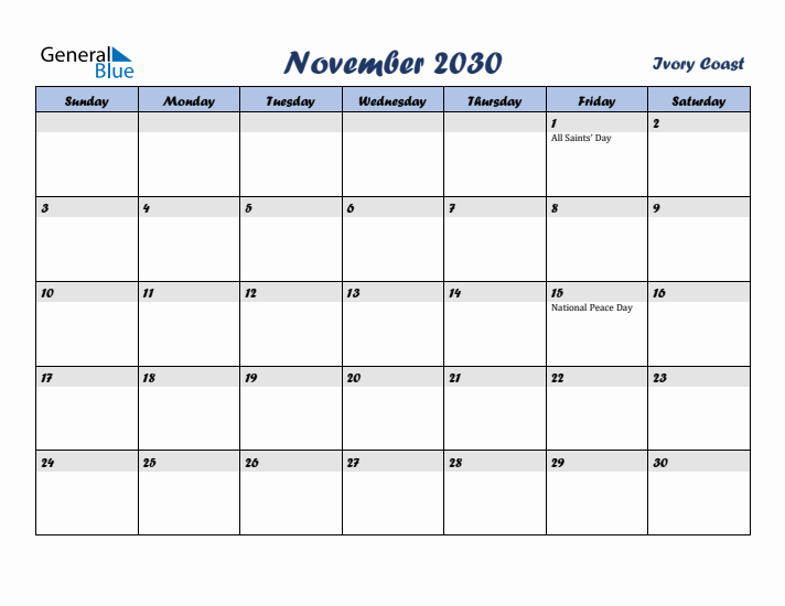 November 2030 Calendar with Holidays in Ivory Coast