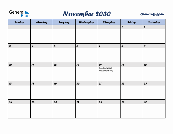 November 2030 Calendar with Holidays in Guinea-Bissau