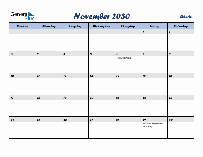 November 2030 Calendar with Holidays in Liberia