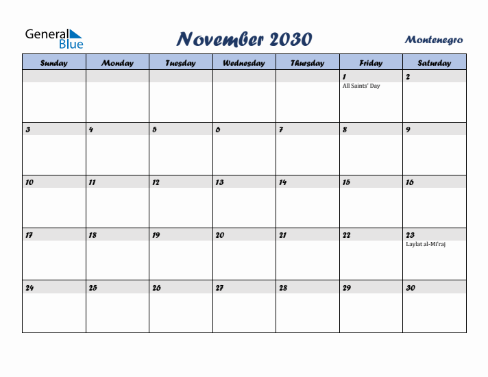 November 2030 Calendar with Holidays in Montenegro