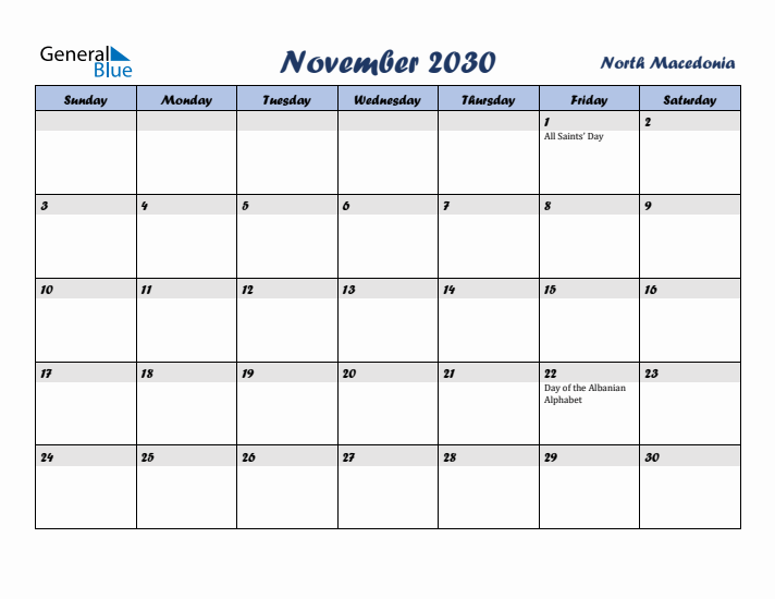 November 2030 Calendar with Holidays in North Macedonia