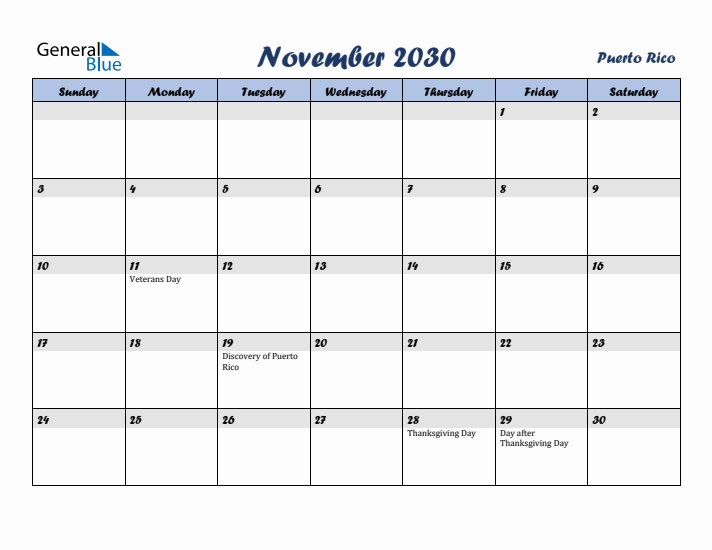 November 2030 Calendar with Holidays in Puerto Rico