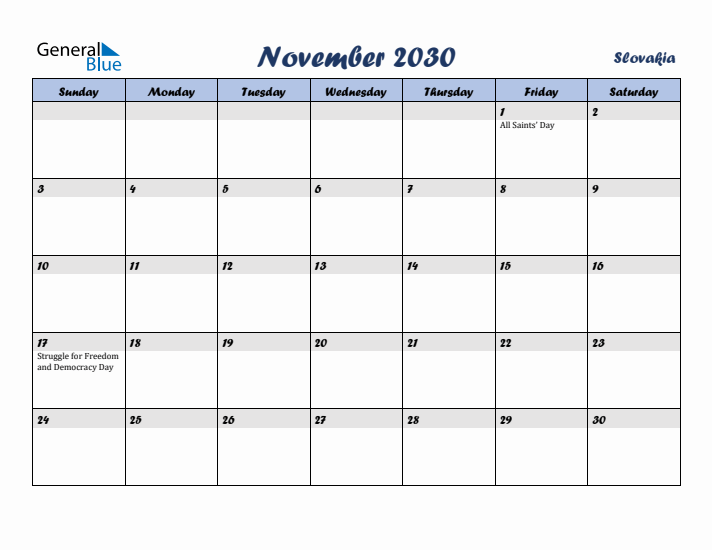 November 2030 Calendar with Holidays in Slovakia