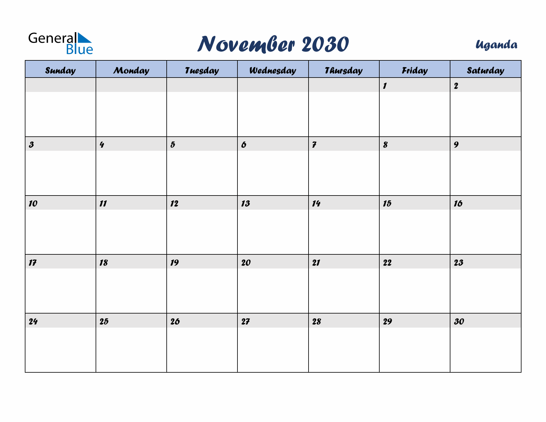 November 2030 Calendar with Holidays in Uganda