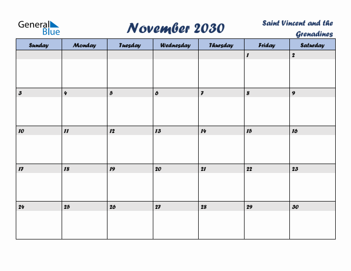 November 2030 Calendar with Holidays in Saint Vincent and the Grenadines