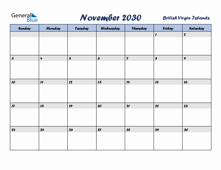 November 2030 Calendar with Holidays in British Virgin Islands