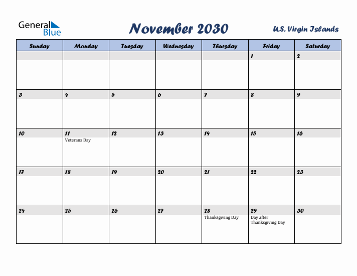 November 2030 Calendar with Holidays in U.S. Virgin Islands