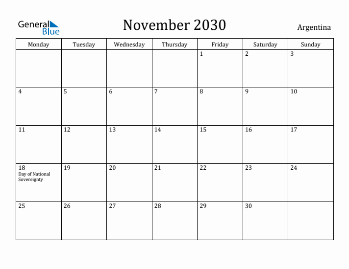 November 2030 Calendar Argentina