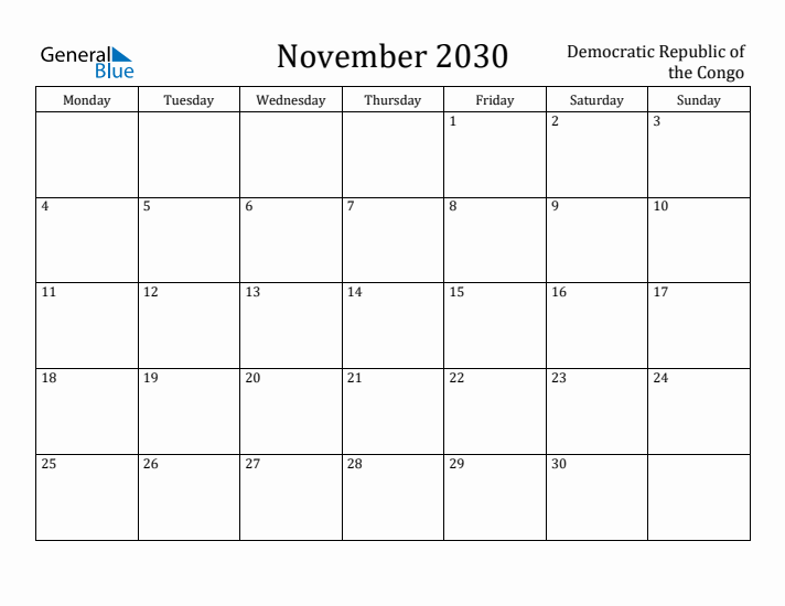 November 2030 Calendar Democratic Republic of the Congo